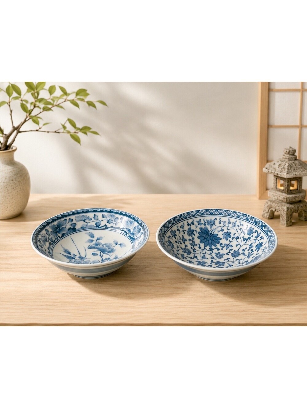 Takamine Kiln Japan 1970s Set Of 2 Serving Bowls Porcelain Blue White, 8x2.75”